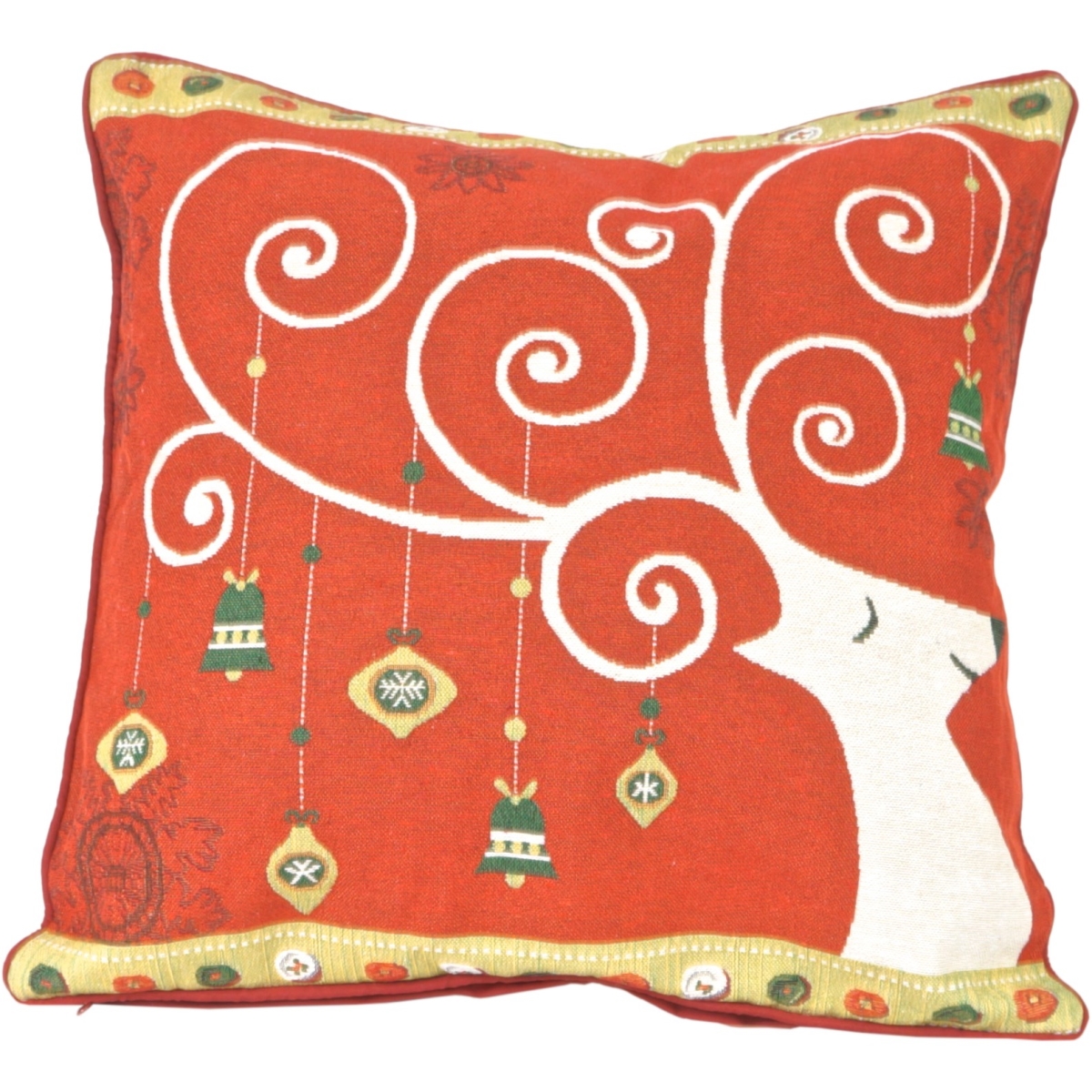 Red Tapestry with Reindeer & Ornaments Cushion Cover