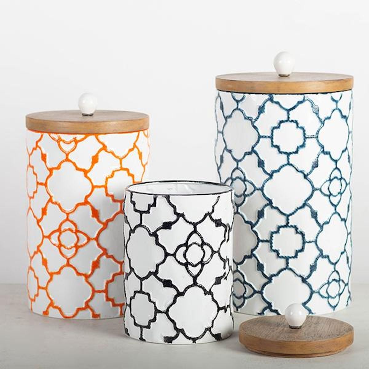 FP-WEN-036 Assorted Colors with Geometric Patterns & Wooden Lids Canister Set - Set of 3