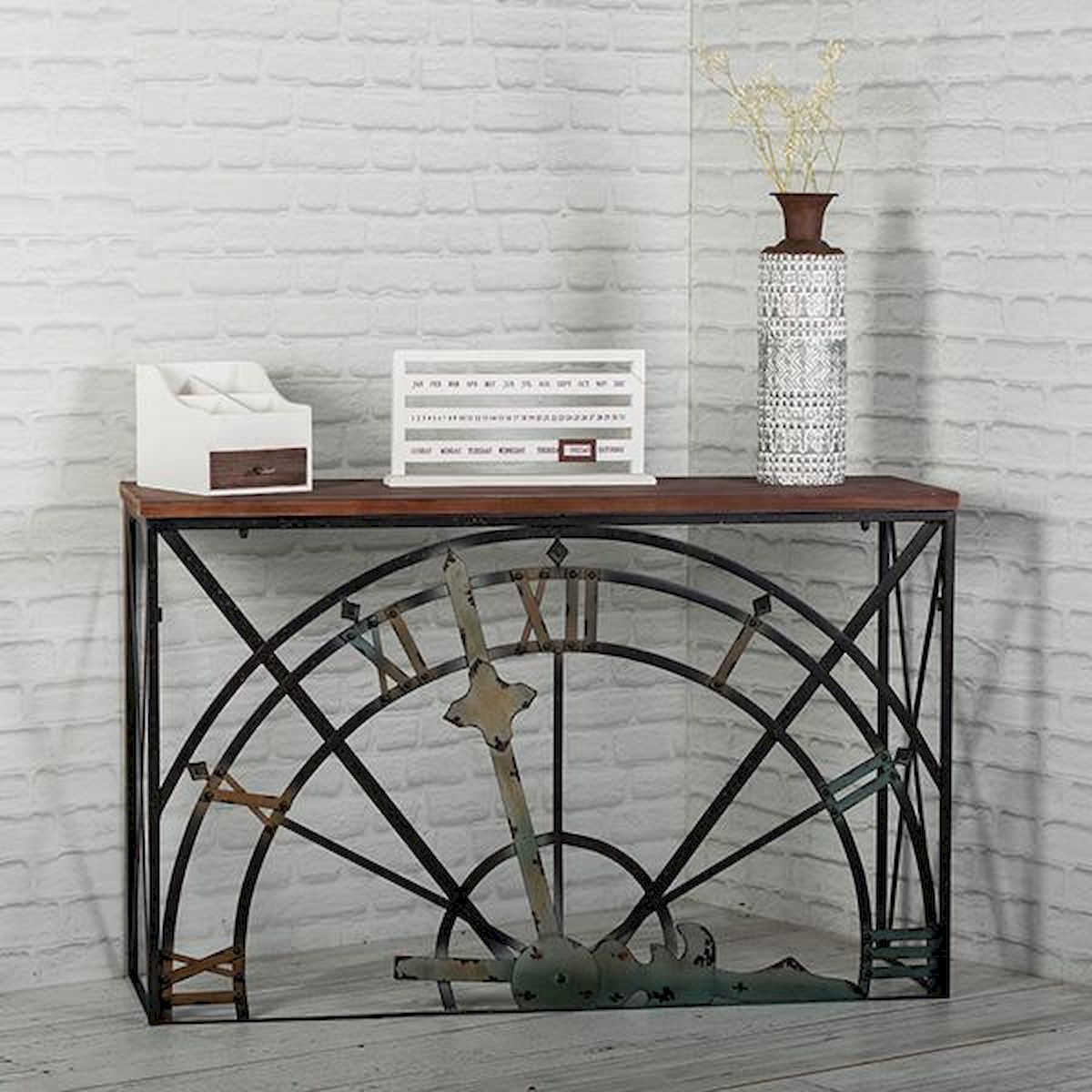 Half A Clock Frame with Wooden Shelf Accent Table
