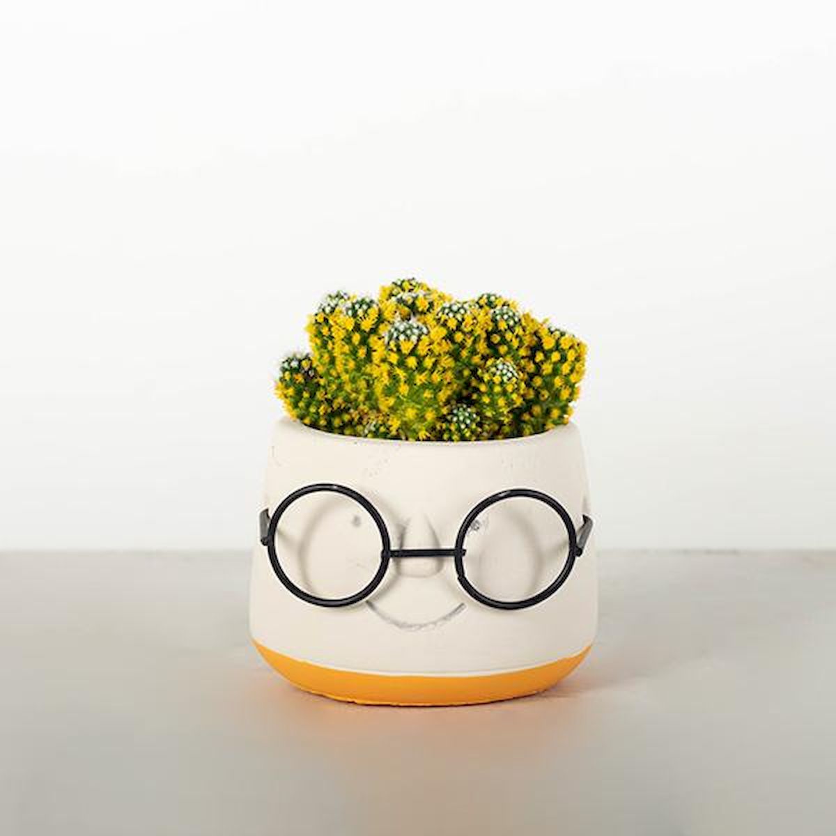 Cement Face with Glasses Yellow Rimmed Planter