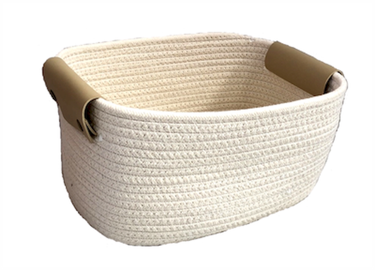Picture of MDR Trading AP-CBW455WH12 Oval White Cotton with Tan Pleather Handles Basket