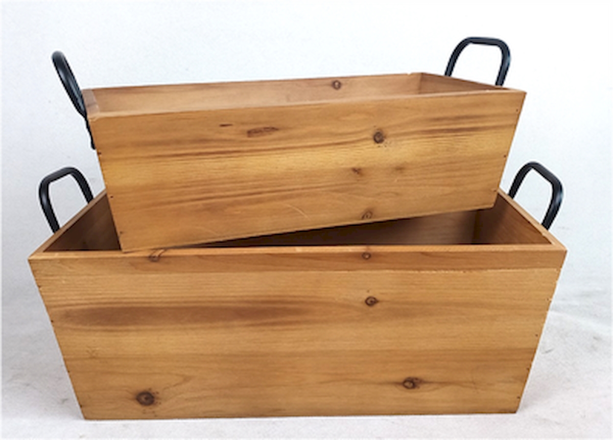 Brown Rectangular Tapered Wood with Iron Handles Crate