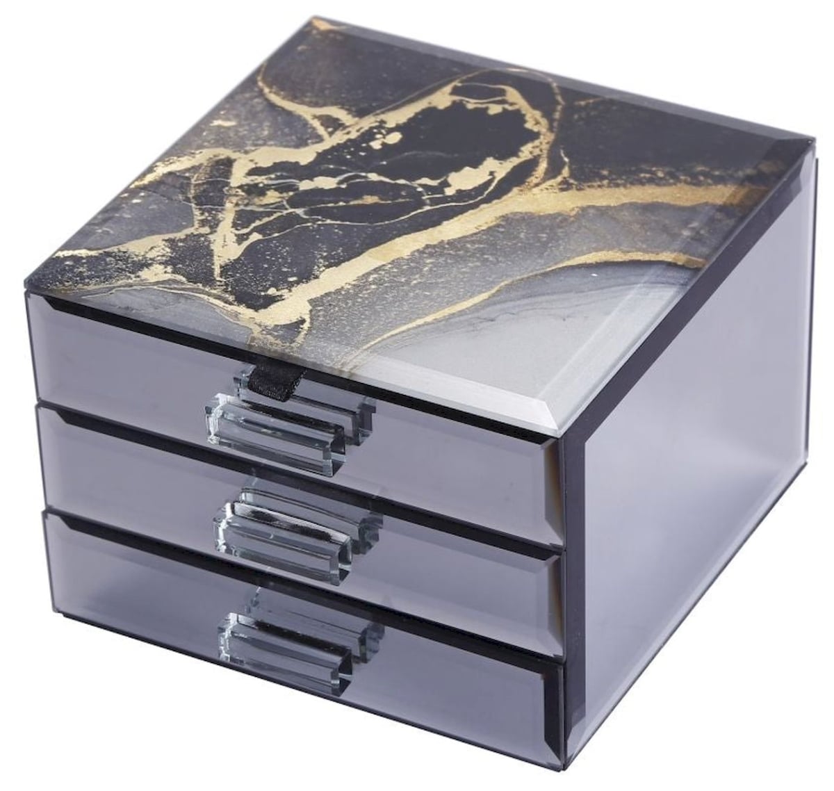 Multi Color Marble Look Lid with 3 Black Lined Drawers Jewellery Box