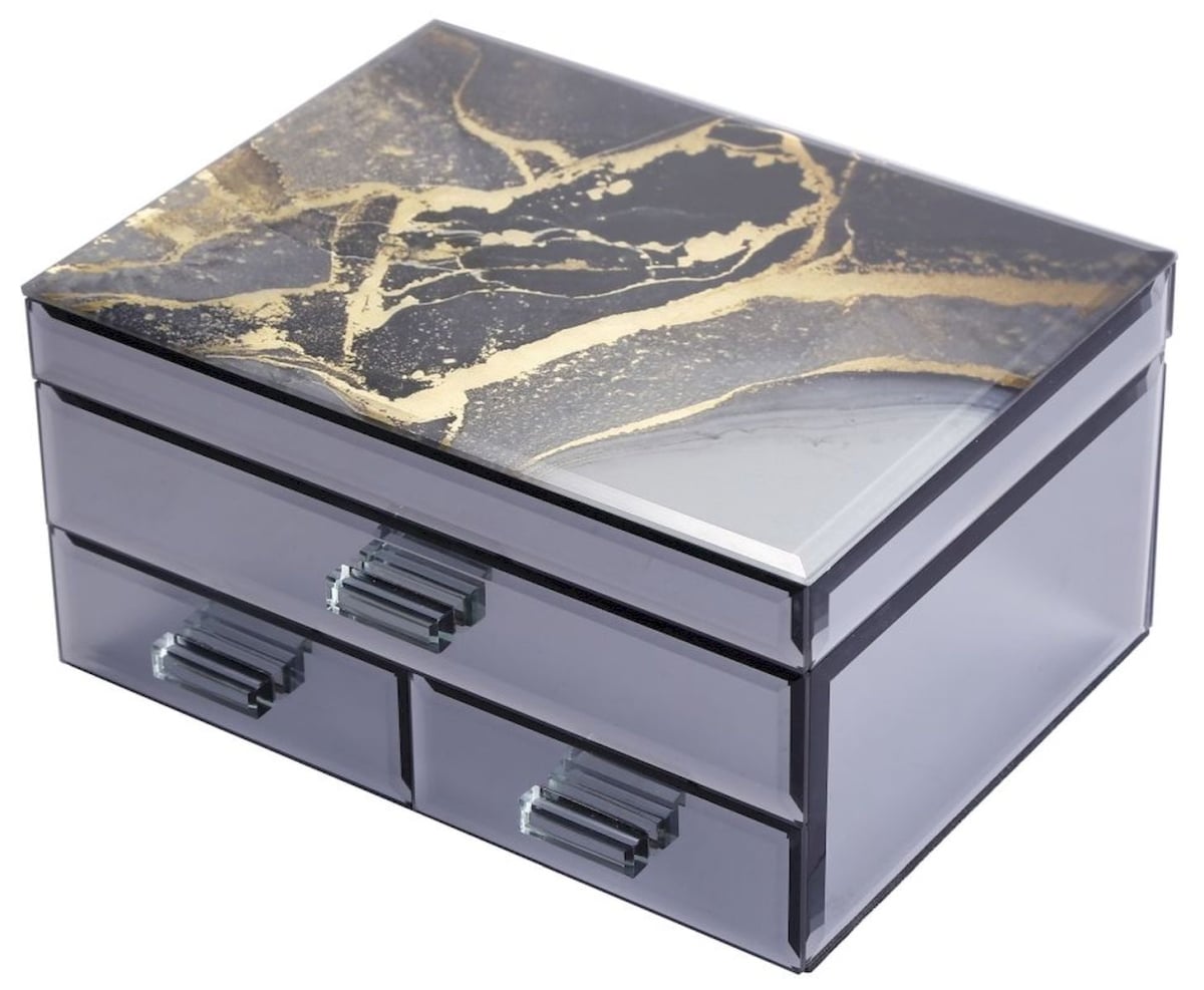 Agate Crystal Lid with Black Lined Side by Side Drawers Jewellery Box