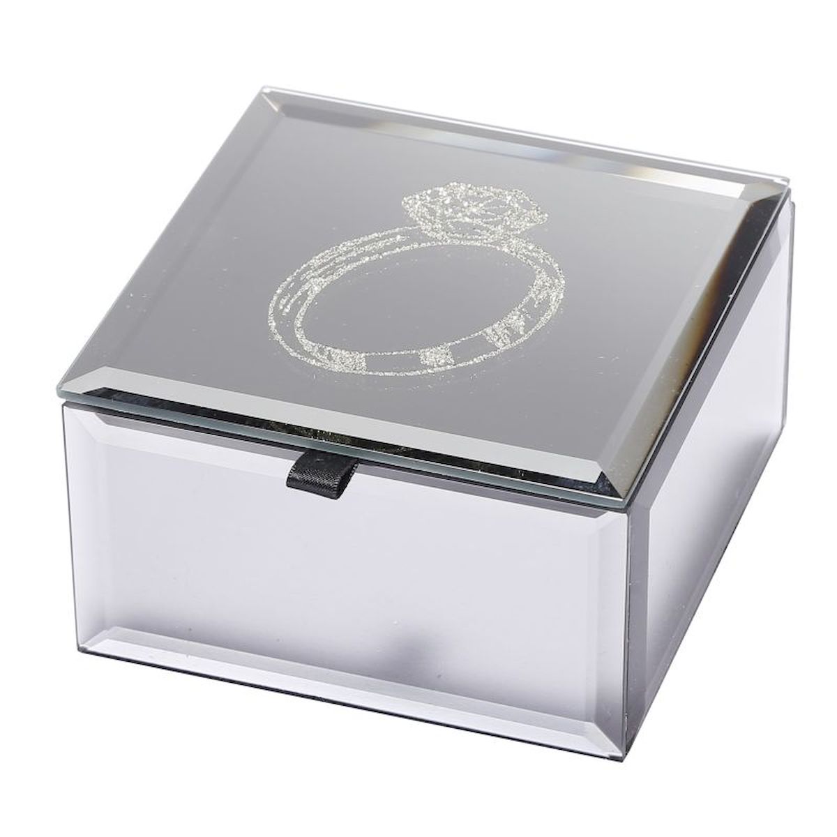 Silver Diamond Ring on Lid with Black Lining Jewellery Box