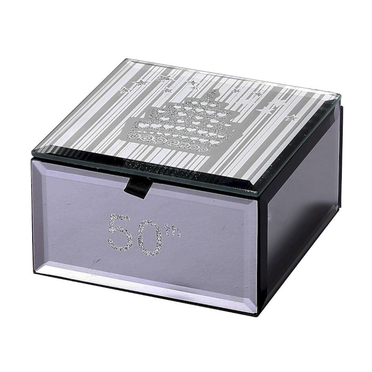 Cake on Lid 50 th on Drawer Front Silver & Black with Black Lining Jewellery Box