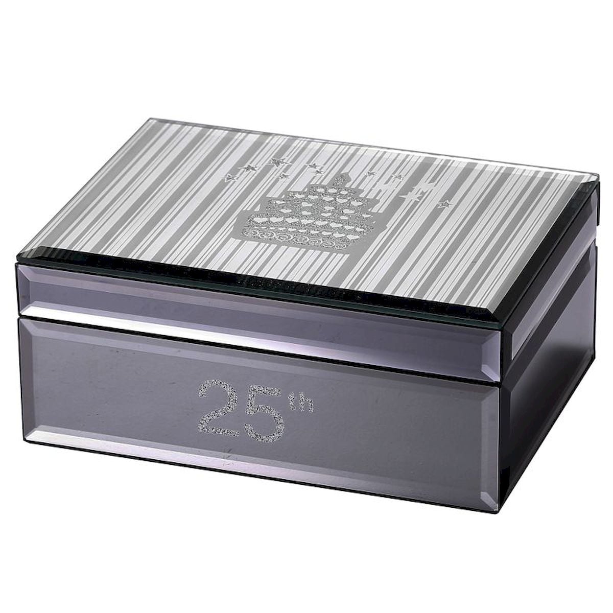 25Th on Drawer Front Cake on Lid Silver & Black with Black Lining Jewellery Box