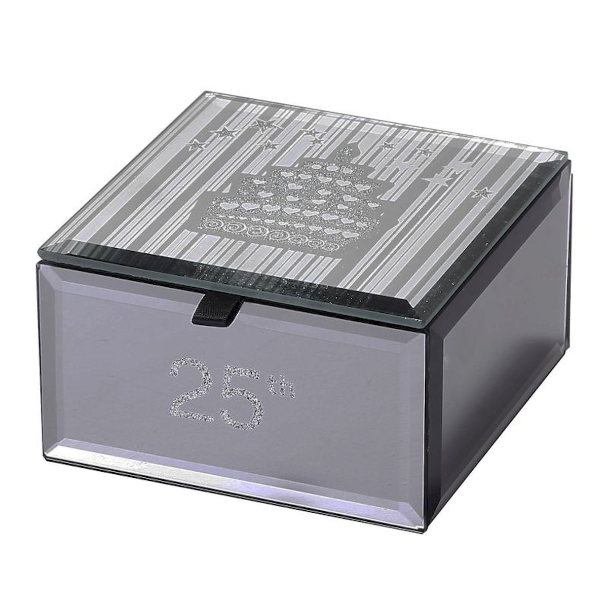 Cake on Lid 25 th on Drawer Front Silver & Black with Black Lining Jewellery Box