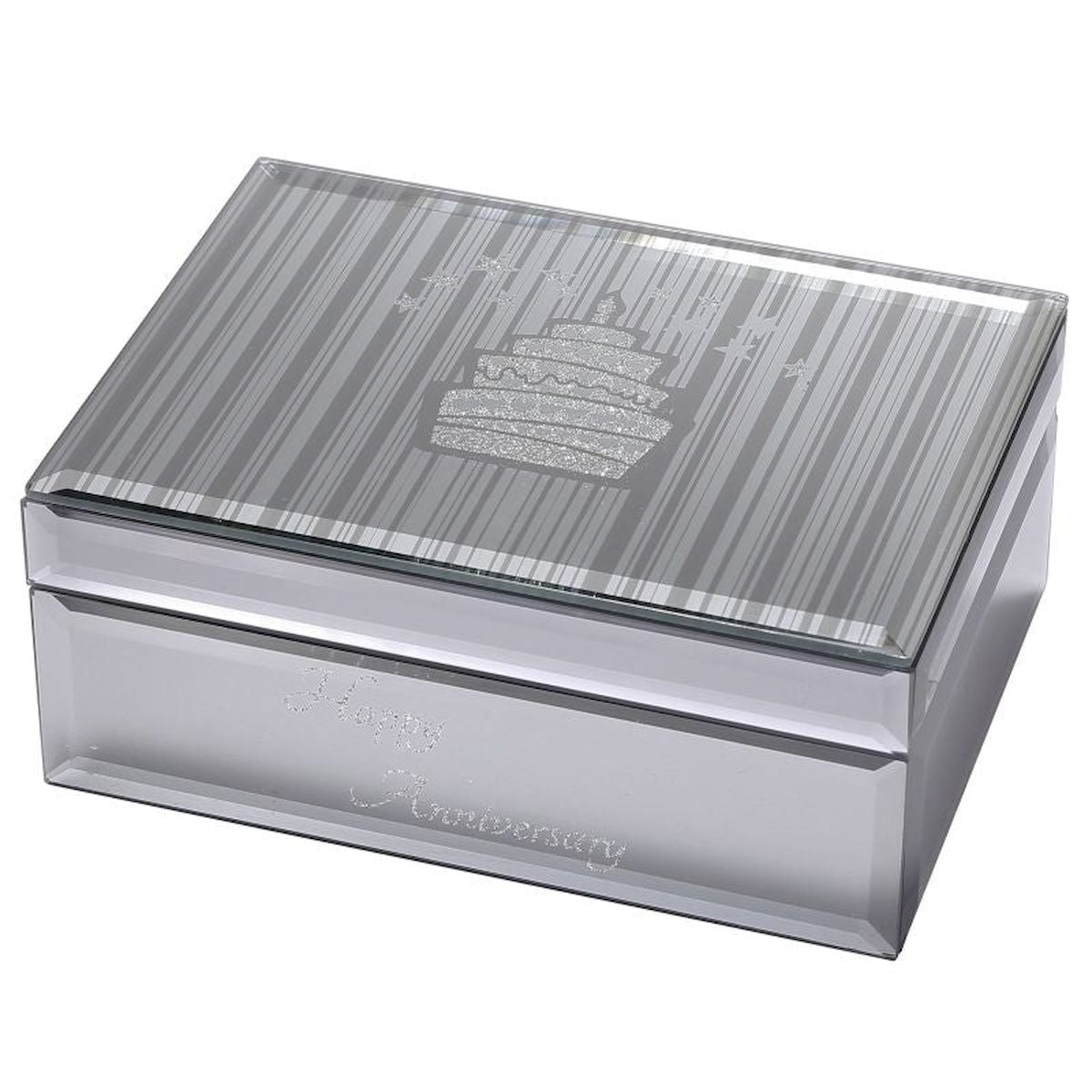 Cake Etched on Lid Silver Happy Anniversary Jewellery Box