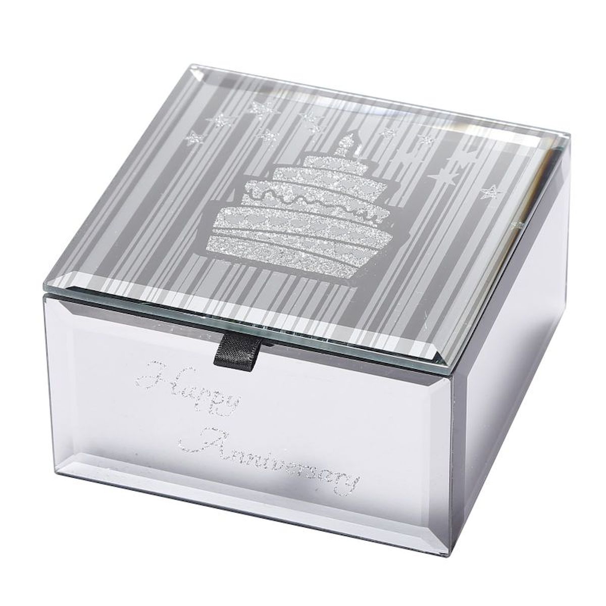 Silver Happy Anniversary with Cake on Lid Jewellery Box