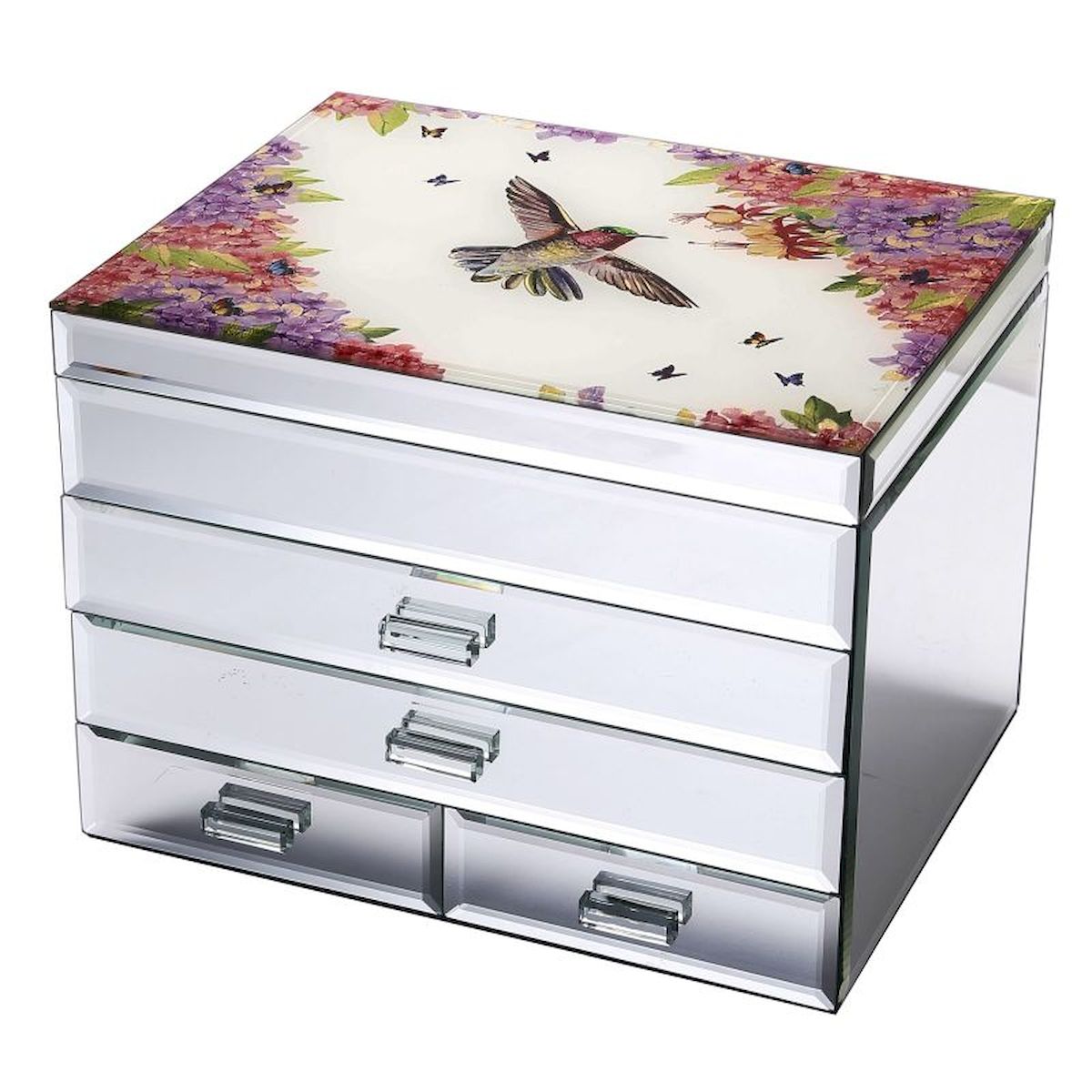 Hummingbird & Flowers on Lid with Black Lined Multi Drawer Storage Jewellery Box