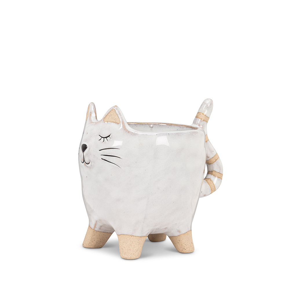4 in. Cat with Tail Planter, White - Small