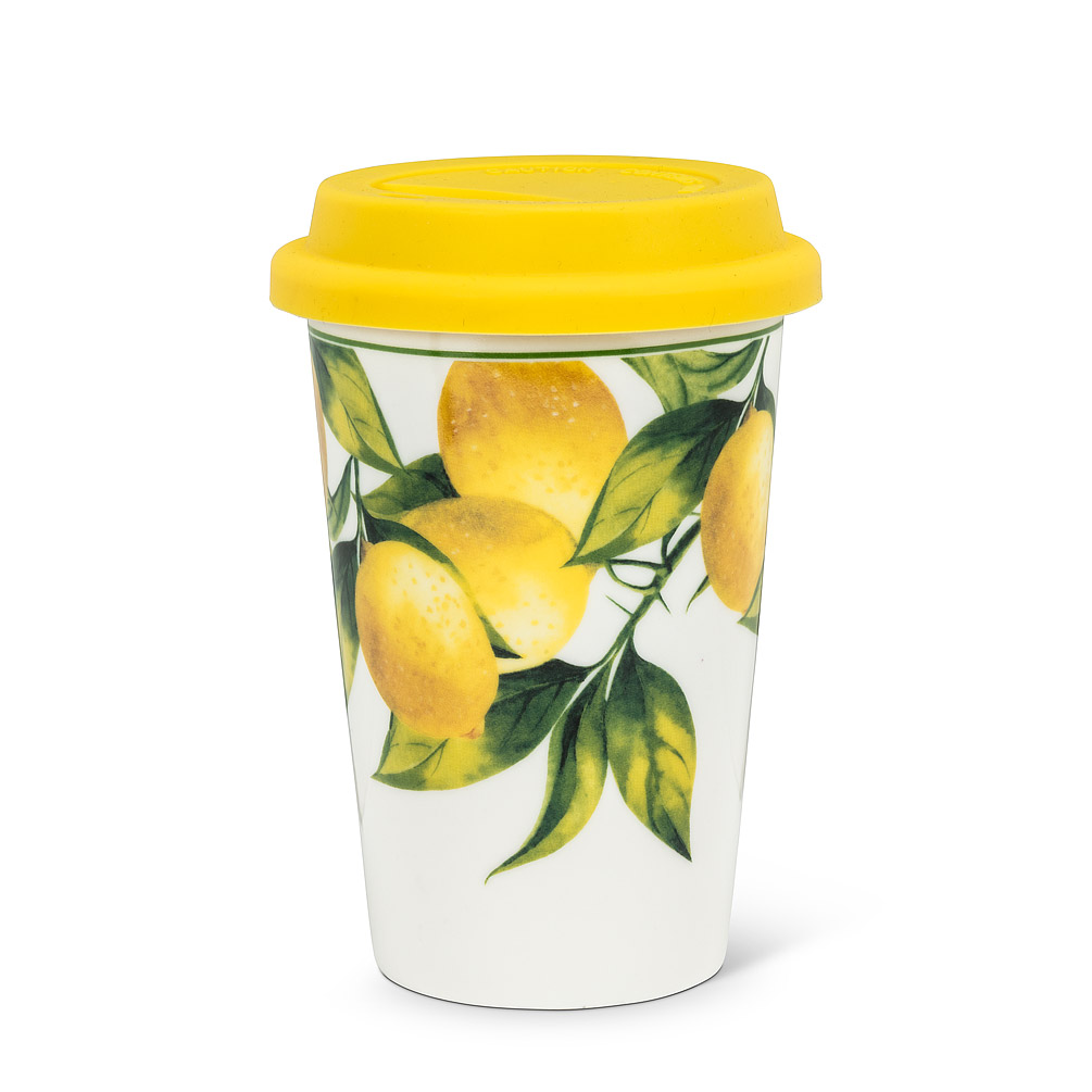 Picture of Abbott Collection AB-27-AMALFI-TOGO 5.5 in. Lemon Tree Travel Mug&#44; White & Yellow