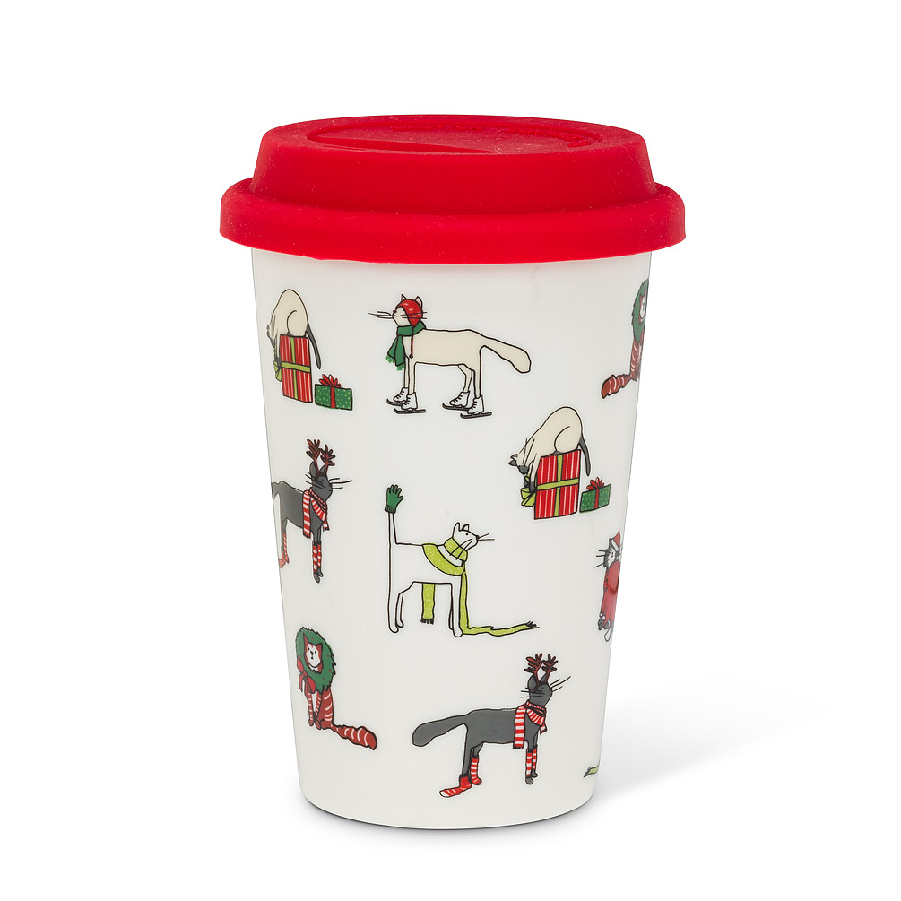 Picture of Abbott Collection AB-27-HOLICATS-TOGO 5.5 in. Holiday Cats Travel Mug&#44; White & Red