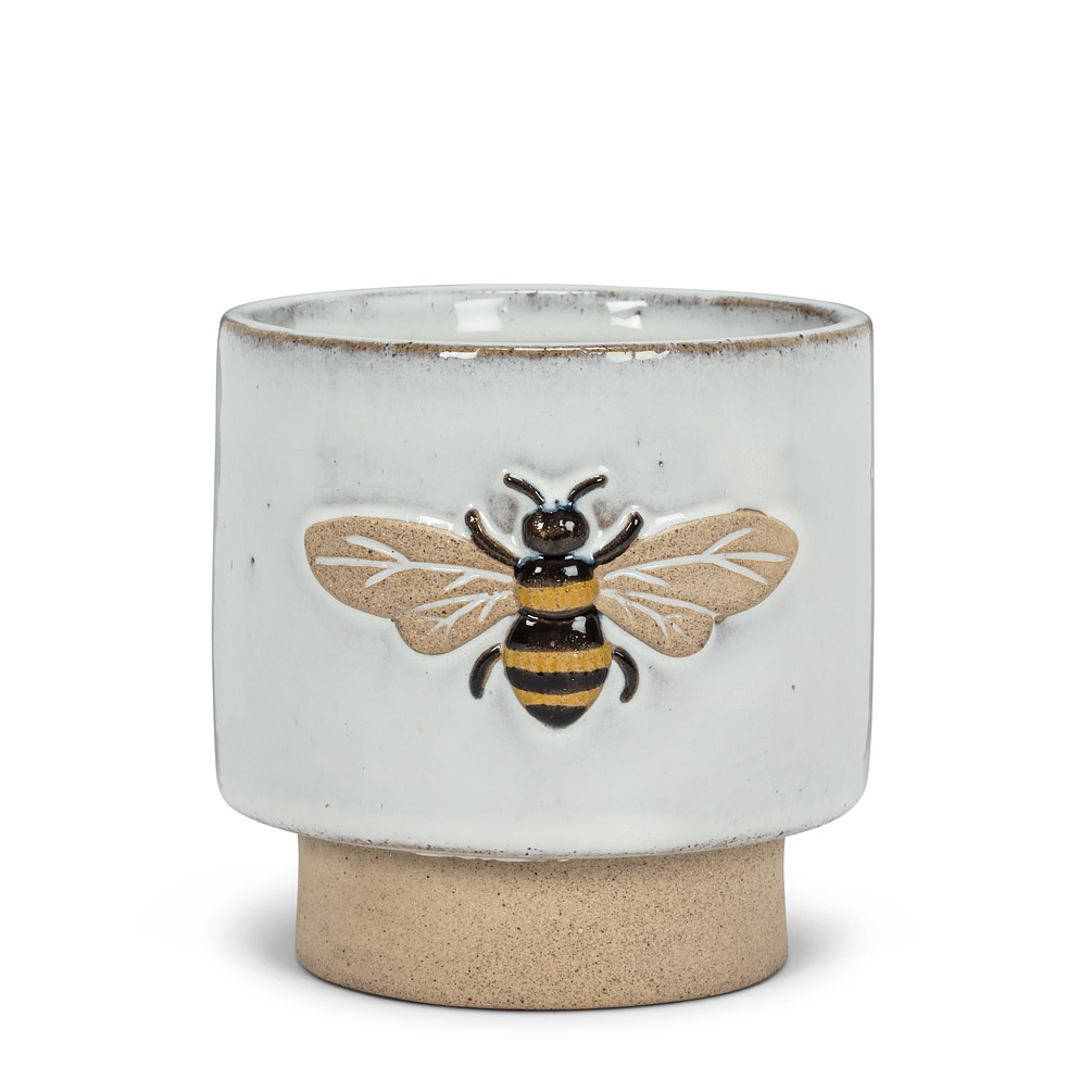 4 in. Single Emboss Bee Planter, White & Natural - Medium