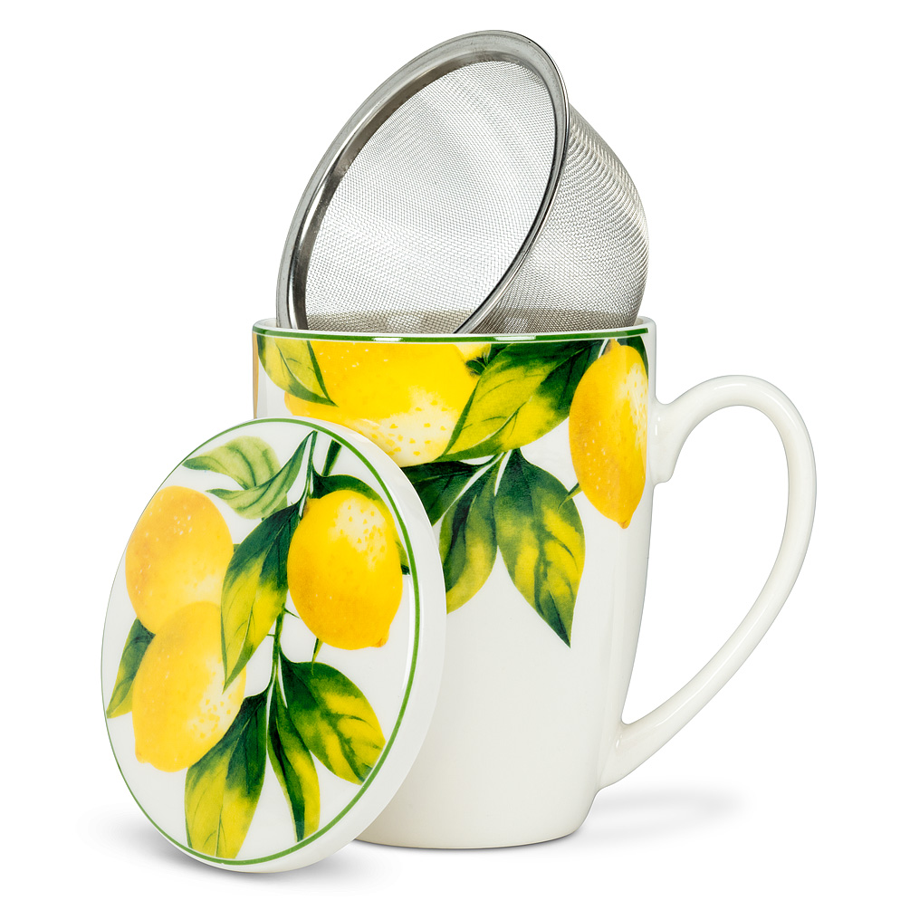 Picture of Abbott Collection AB-27-AMALFI-CVT 4.5 in. Lemon Tree Covered Mug & Strainer&#44; White & Yellow