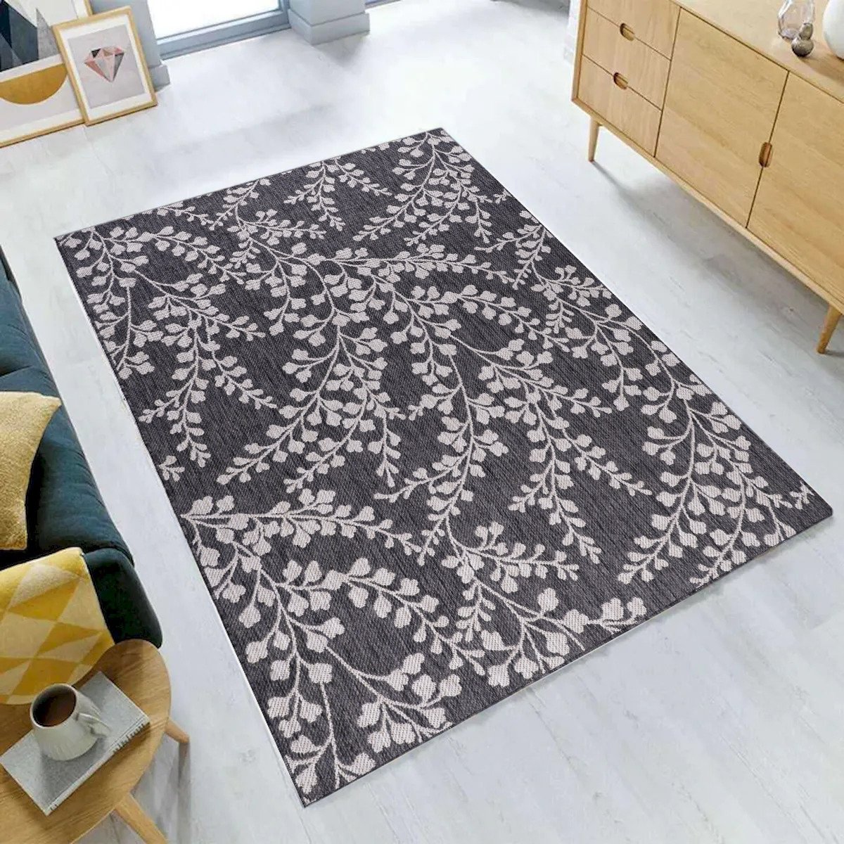 VA-GEM-81-1200 8 x 10 ft. Gemini Indoor & Outdoor Dual Face Gray with Leaves & Beige & Ivory Diamonds Rectangle Area Rug -  Mr. MJs Trading