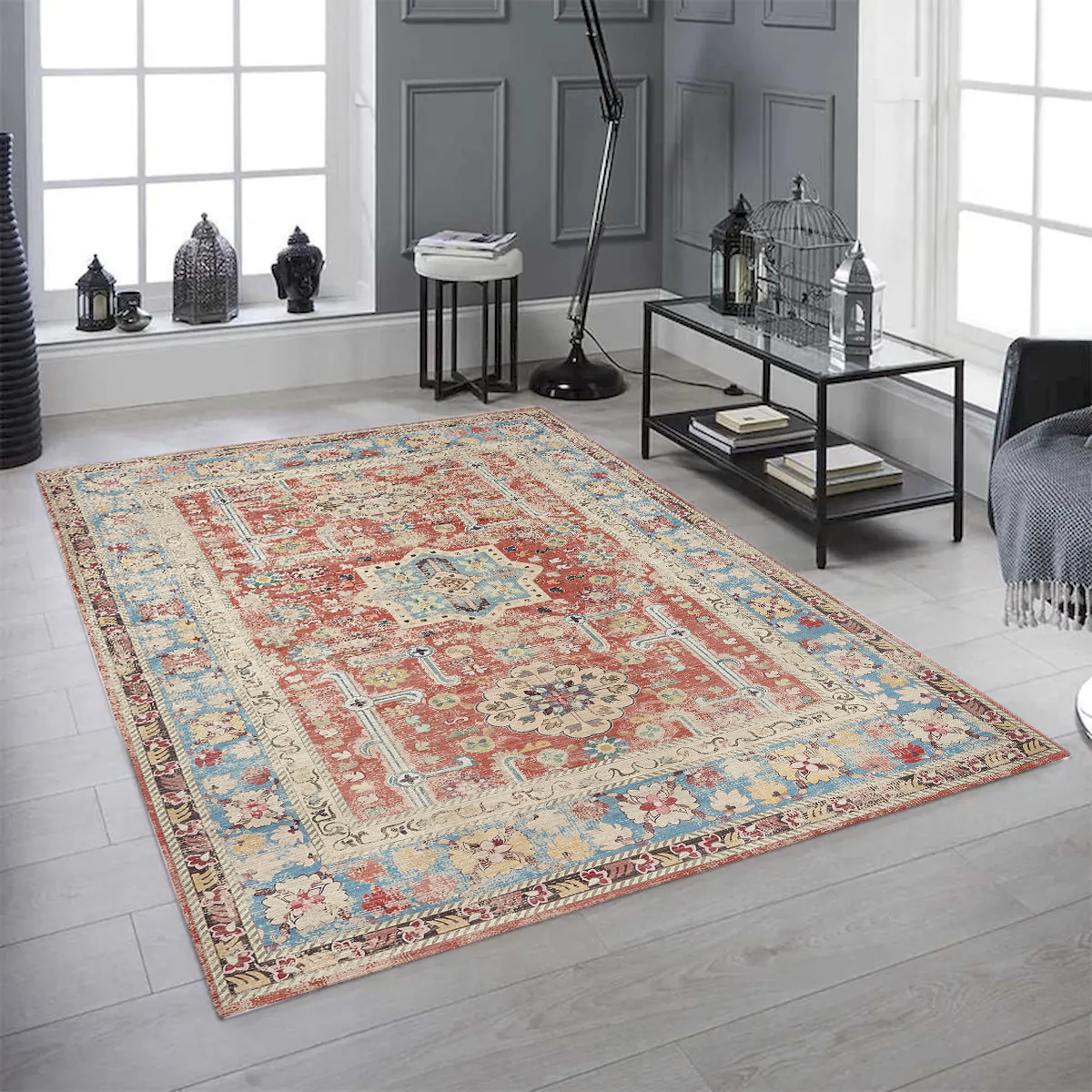 27 in. x 45 in. Medallion Orange & Blue Distressed Pattern Washable Rectangle Area Rug