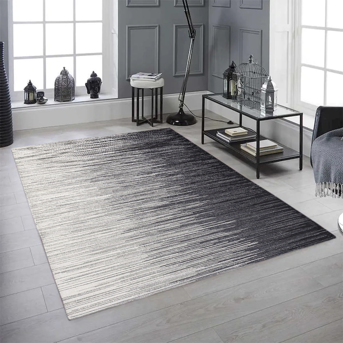 27 in. x 45 in. White to Midnight Black Washable Modern Rectangle Area Rug