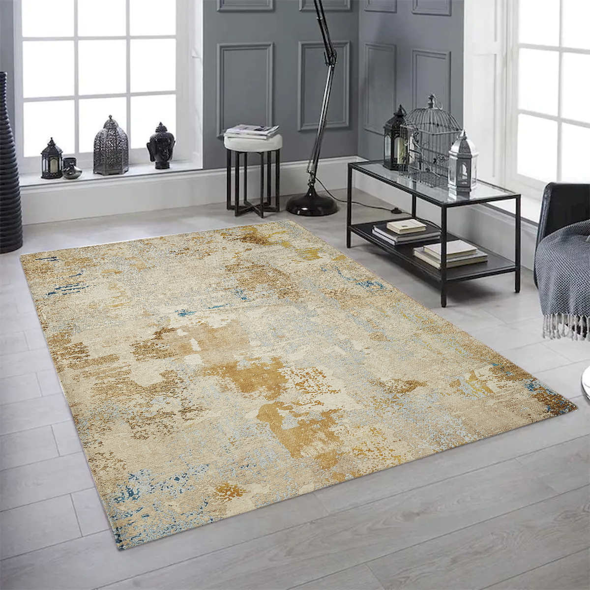 27 in. x 45 in. Marbled Gold & Beige Abstract Washable Rectangle Area Rug