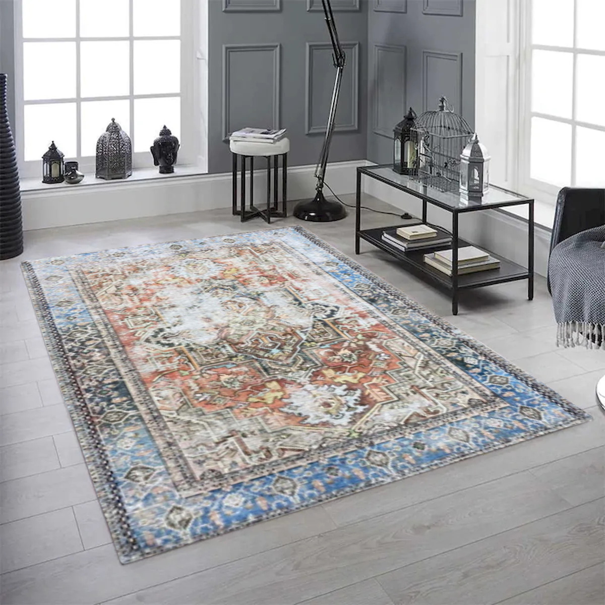 4 x 6 ft. Blues & Orange Distressed Patterned Washable Transitional Rectangle Area Rug