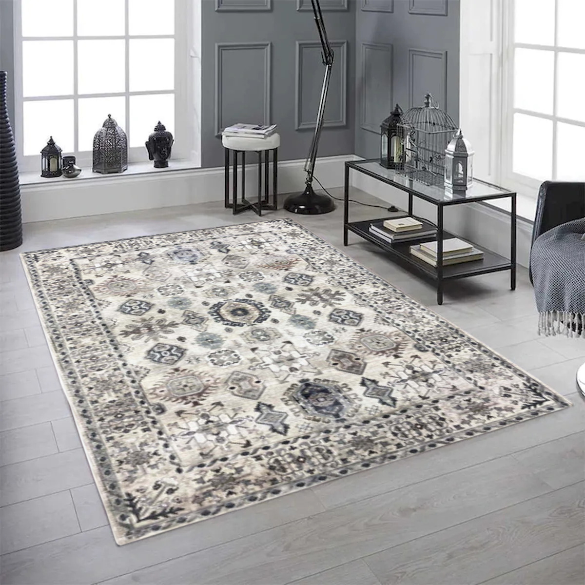5 x 7 ft. Shades of Beige Distressed Patterned Washable Transitional Rectangle Area Rug