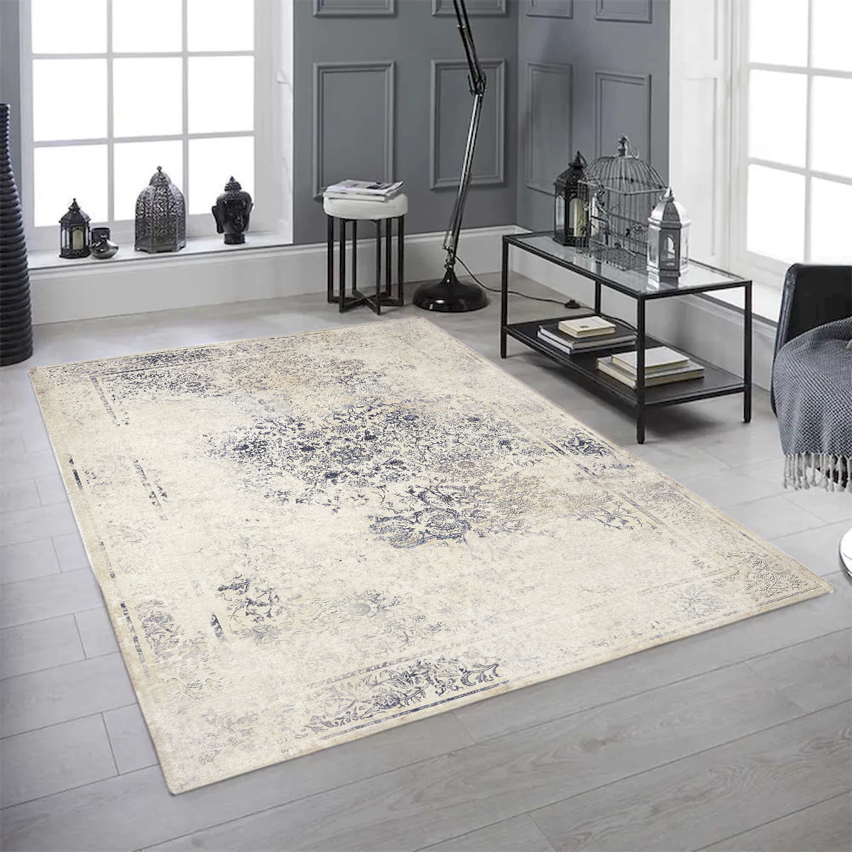 5 x 7 ft. Navy Blue, Beige & Grey Distressed Pattern Washable Transitional Rectangle Area Rug
