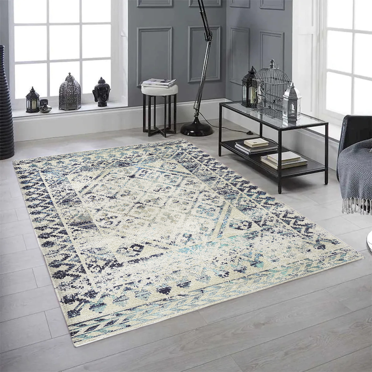 5 x 7 ft. Medallion Blue & Cream Distressed Pattern Washable Rectangle Area Rug