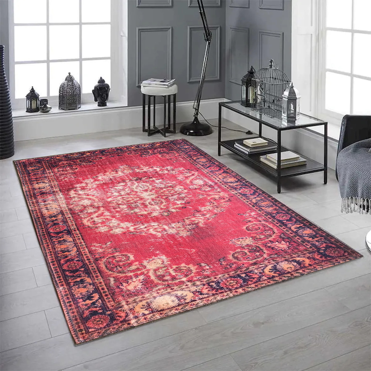 5 x 7 ft. Medallion Distressed Red Patterned Washable Rectangle Area Rug