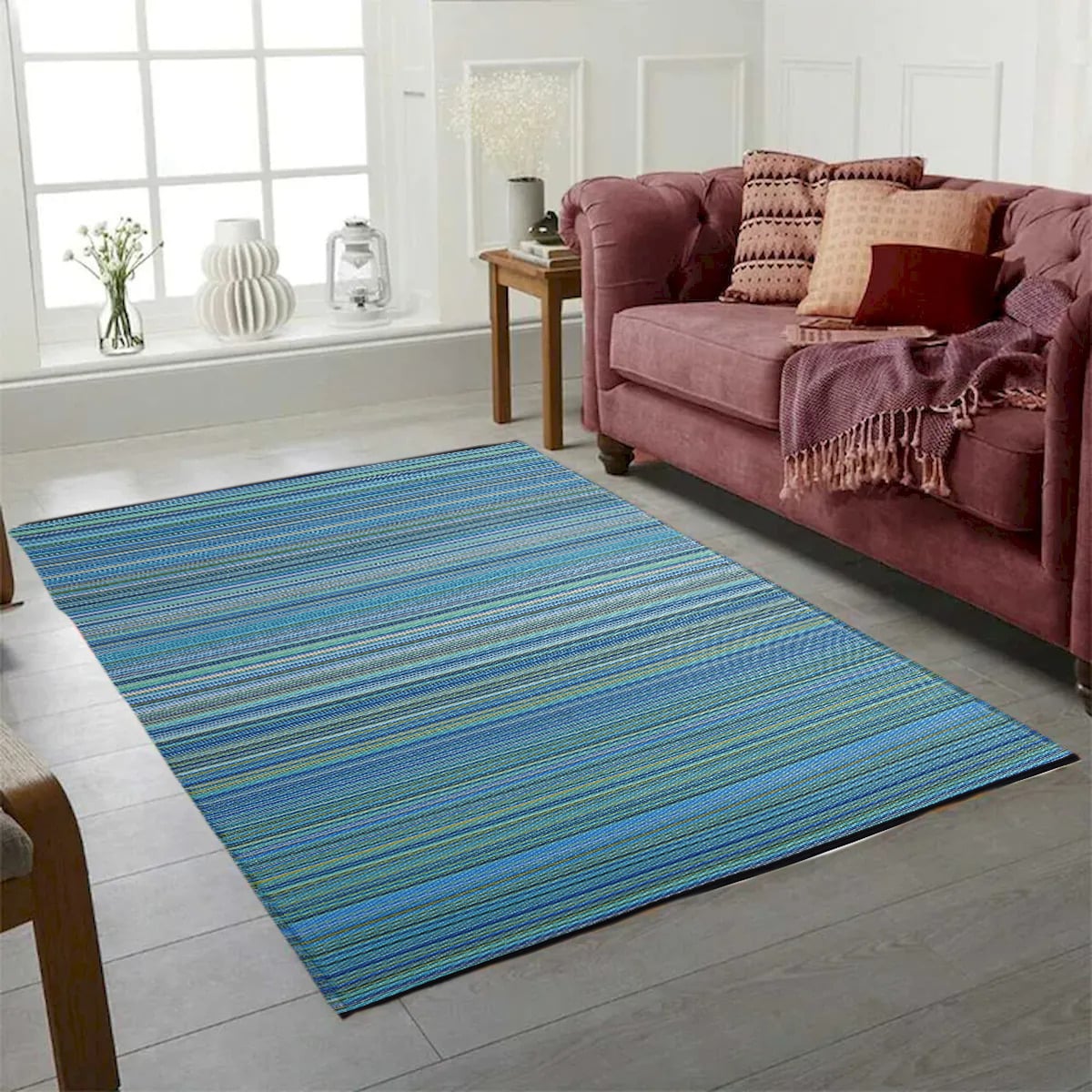 6 x 9 ft. Fiesta Blue Stripes Plastic Outdoor Rectangle Area Rug