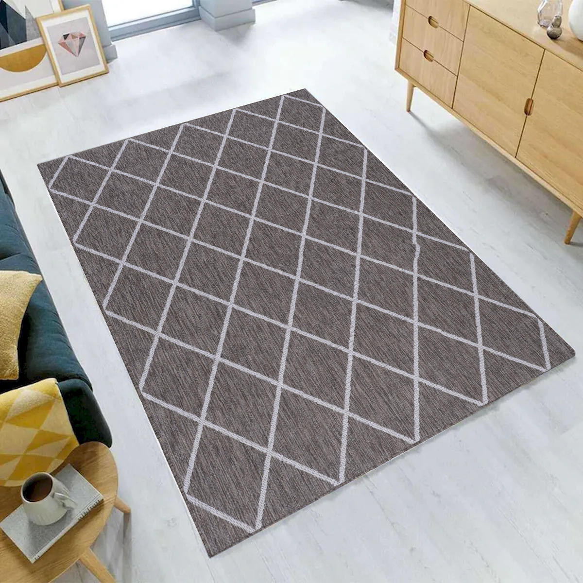 2 x 3 ft. Gemini Indoor & Outdoor Dual Face Gray Diamonds, Black & Gray Stripes Rectangle Area Rug