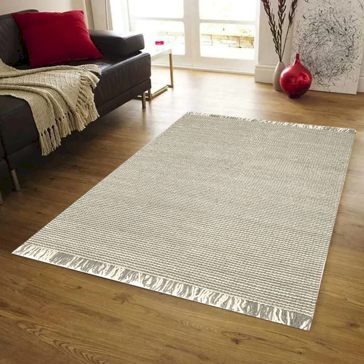 8 x 10 ft. Zurich Gray & Ivory with Fringes Hand Loomed Wool Rectangle Area Rug