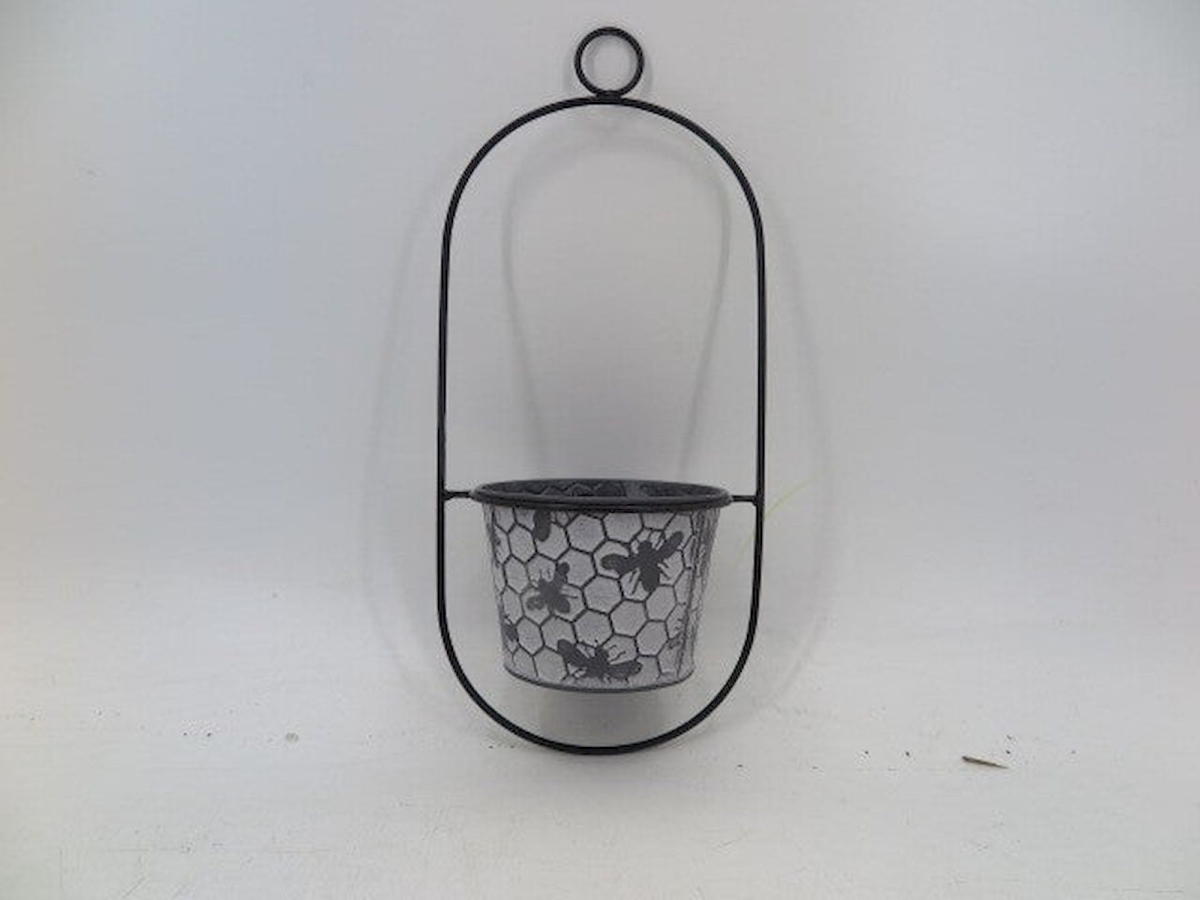AI-GG9511 Black, White Washed Silver Pot with Bee & Honeycomb Pattern Wall Planter