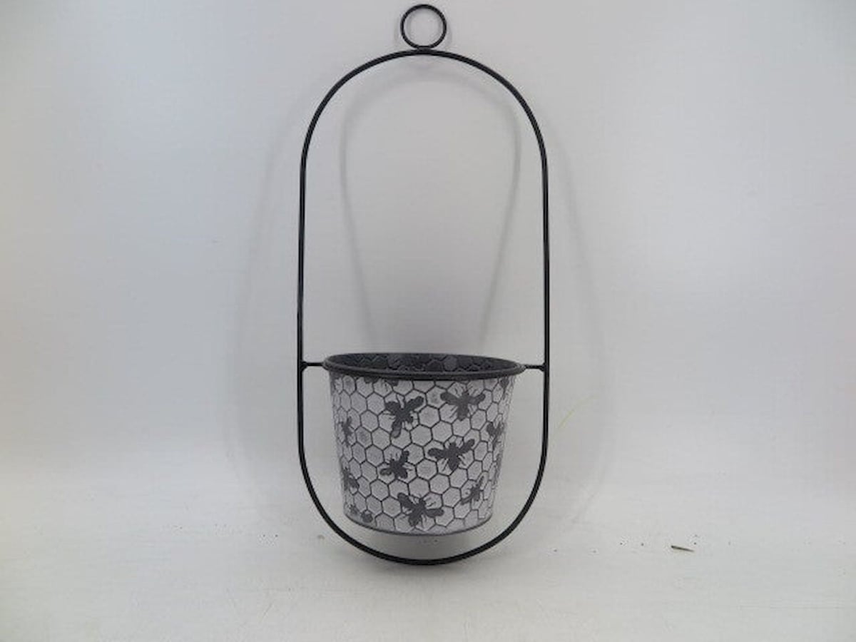White Washed Honeycomb Print with Black Bees Wall Planter