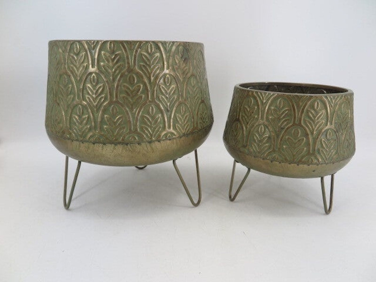 Aged Copper with Leaf Pattern on Metal Legs Planters, Set of 2