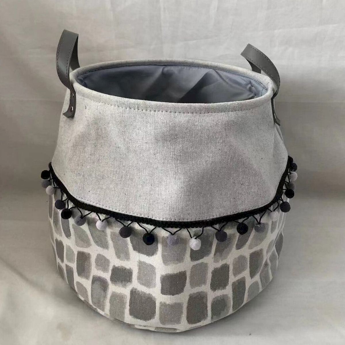 Picture of Mr. MJs Trading AI-2040-213 Gray Top with Gray Squares & Black Pom Pom Trim Handled Basket