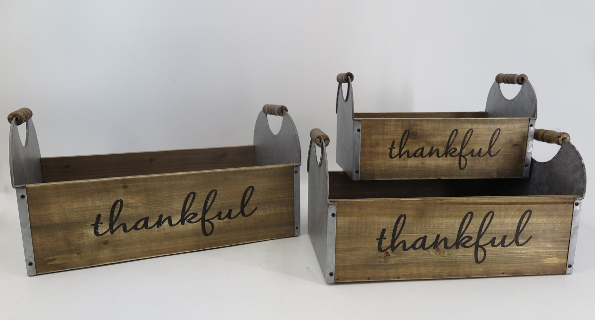 Picture of Mr. MJs Trading AI-2272-410 Brown Thankful with Wood Handles & Metal Sides Crates&#44; Set of 3