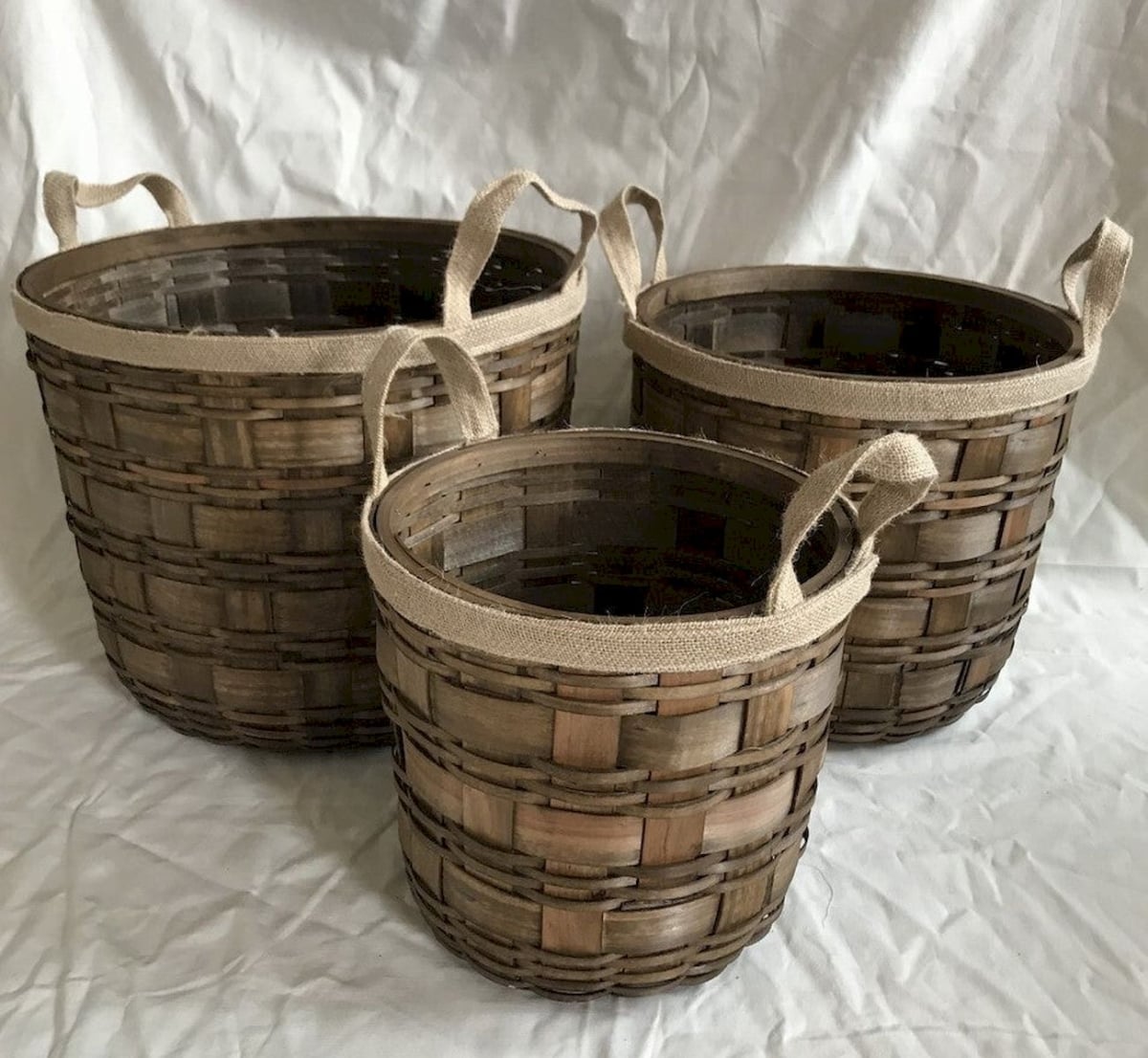 Light Brown Woven Wood with Fabric Trim & Handles Baskets, Set of 3