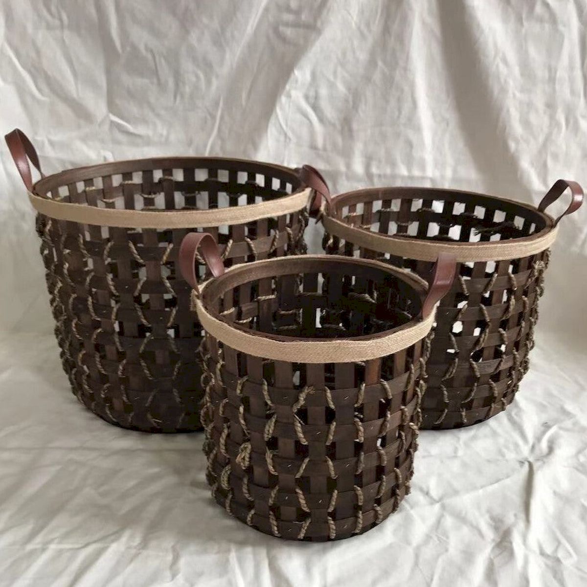 Picture of Mr. MJs Trading AI-3678-205 Dark Brown Woven Wood with Fabric Handles Baskets&#44; Set of 3