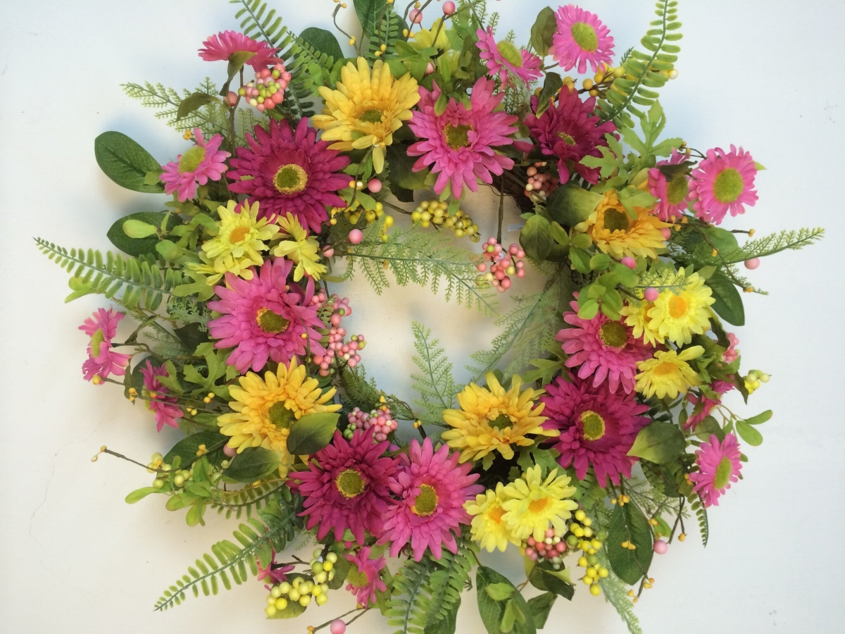 Picture of Mr. MJs Trading AI-FL7035 Pink & Yellow Gerberas with Greens Wreath