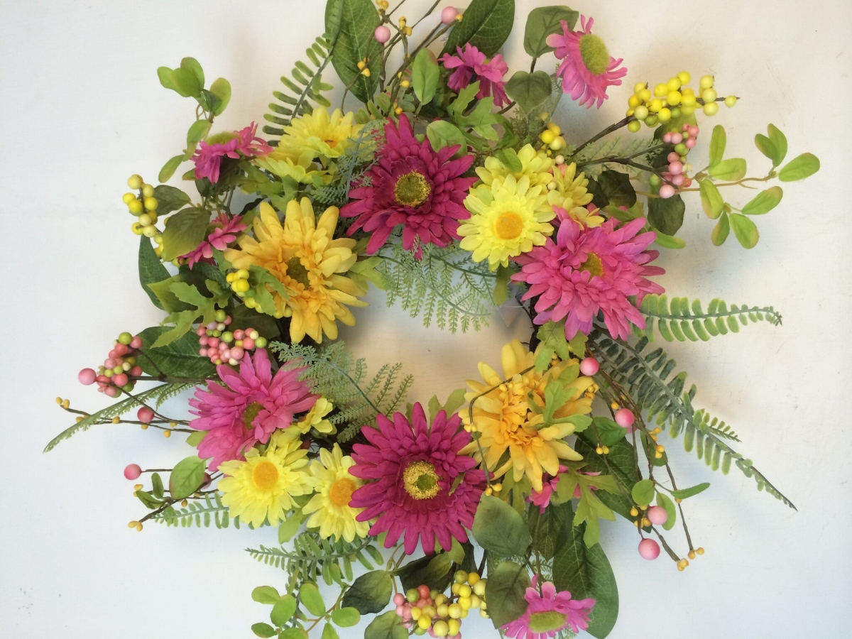 Picture of Mr. MJs Trading AI-FL7036 Yellow & Pink Gerberas with Greens Wreath