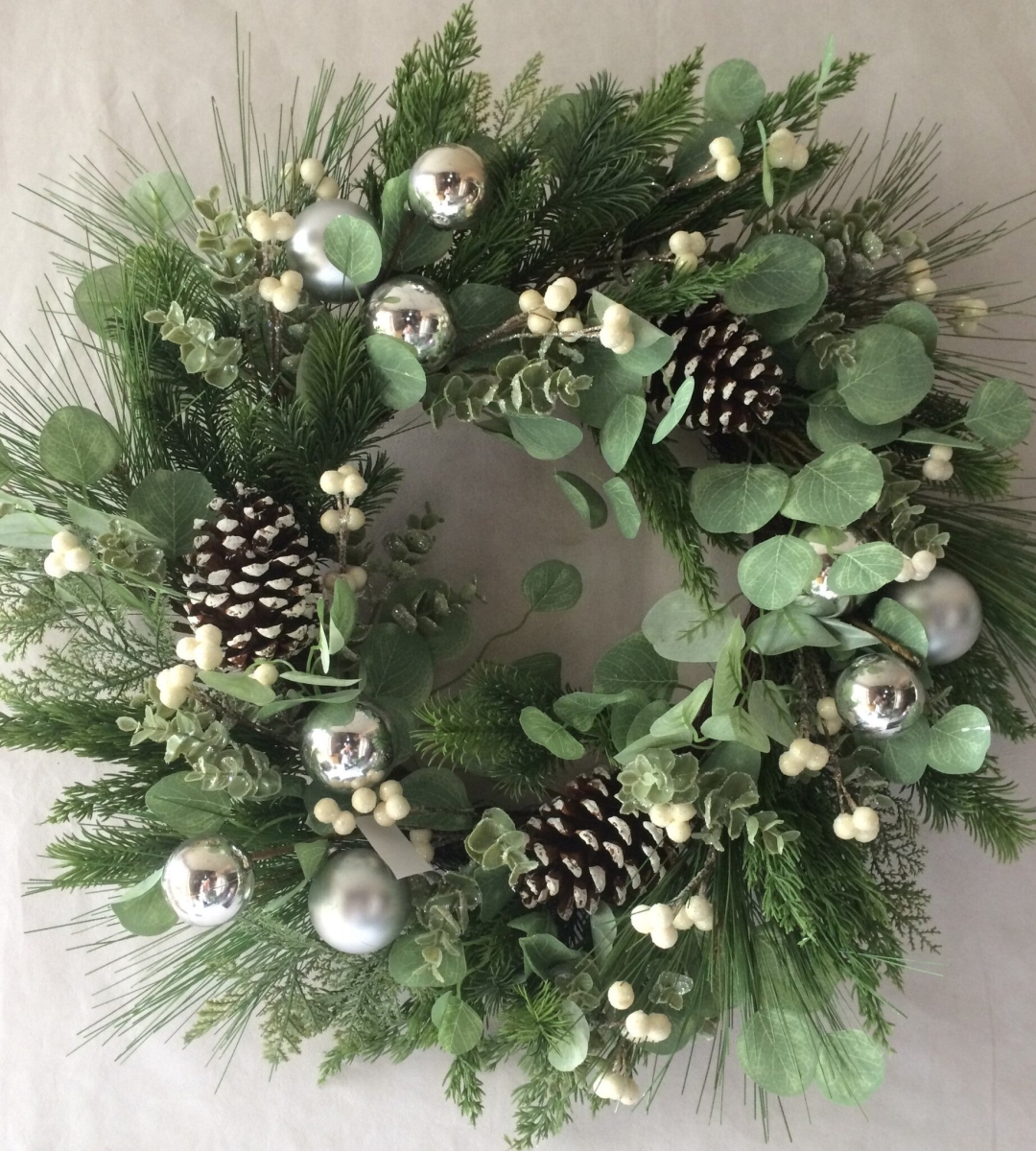 Frosted Greens with Pine Cones Berries & Silver Balls Wreath