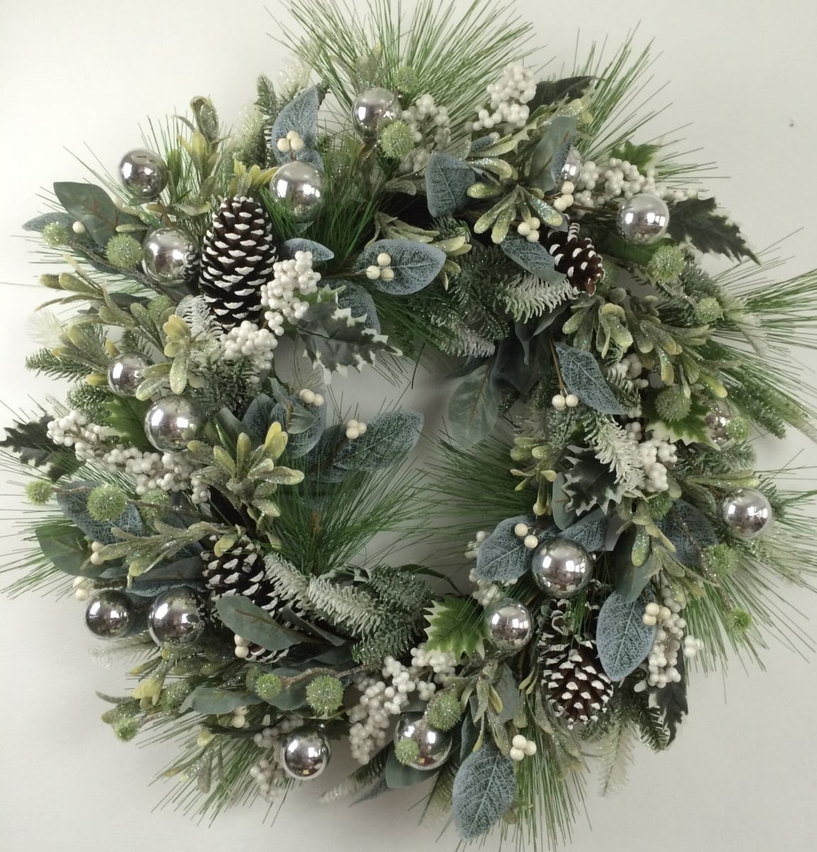 Frosted Greens with Snowy Pine Cones Berries & Silver Balls Wreath