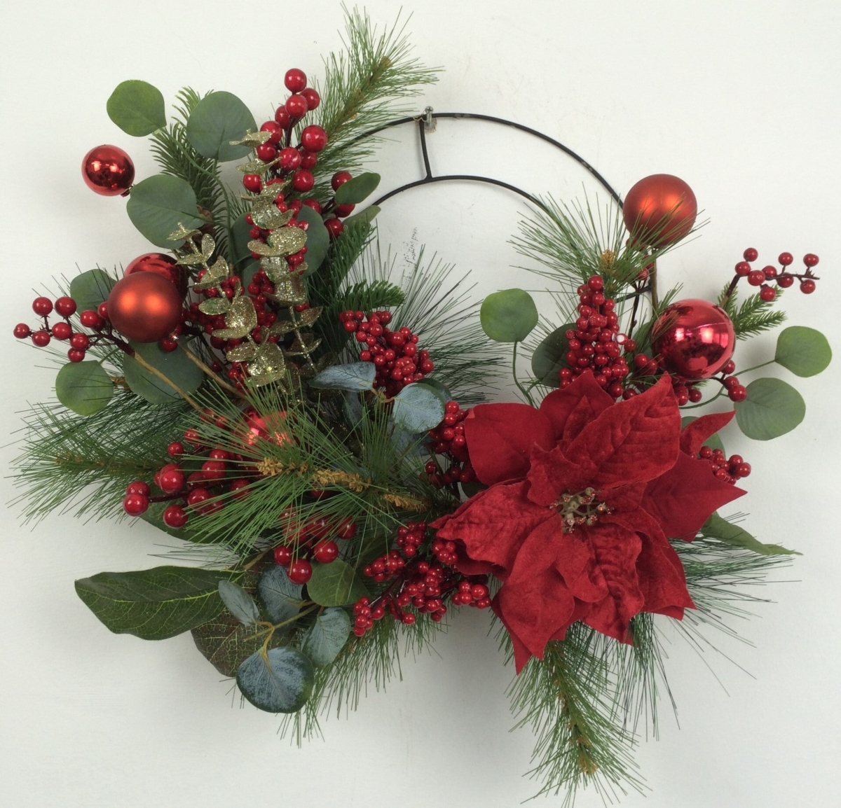Poinsettia with Red Balls Berries & Greens Half Wreath