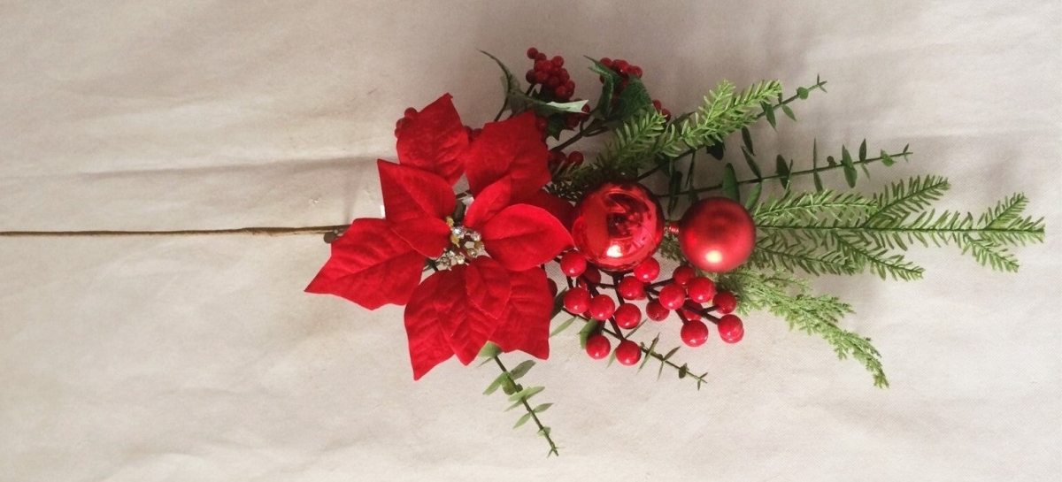 Poinsettia with Red Balls Berries & Greens Pick Artificial Flower