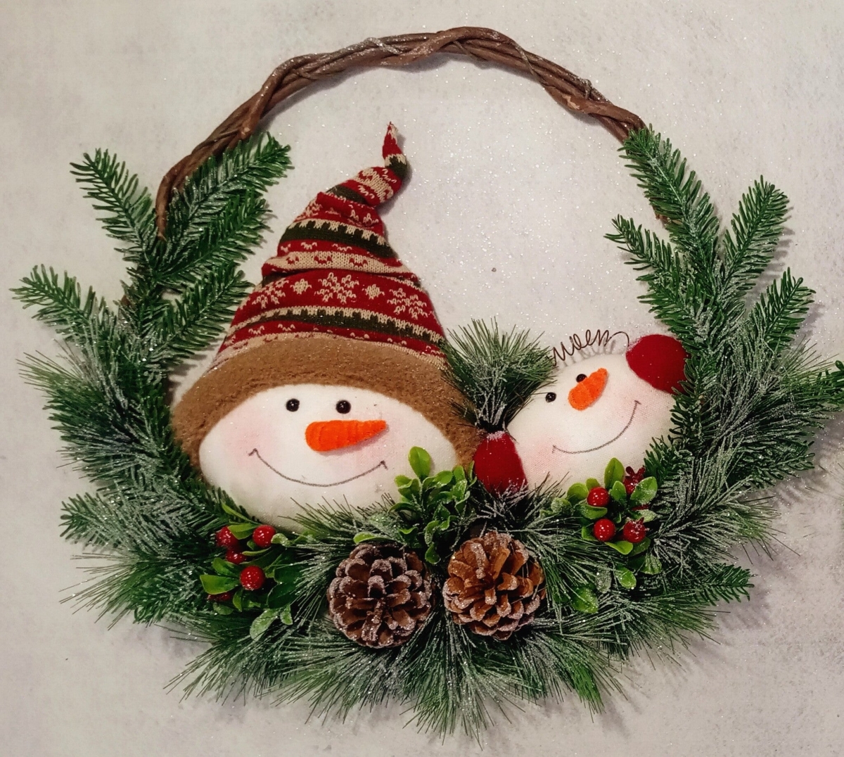 Snowmen in Greens & Pinecones Wreath