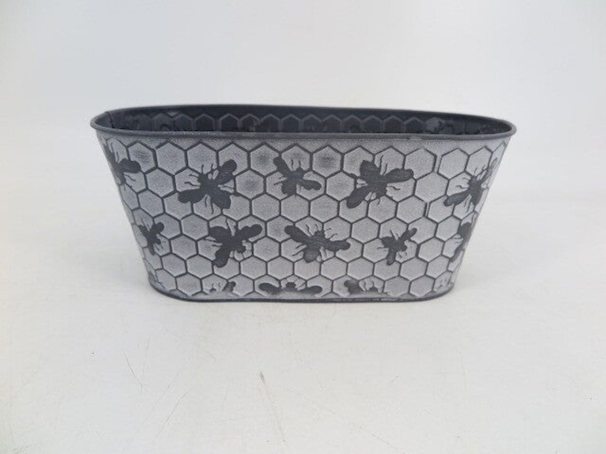 Black Bees on White Washed Honey Comb Pattern Metal Planter