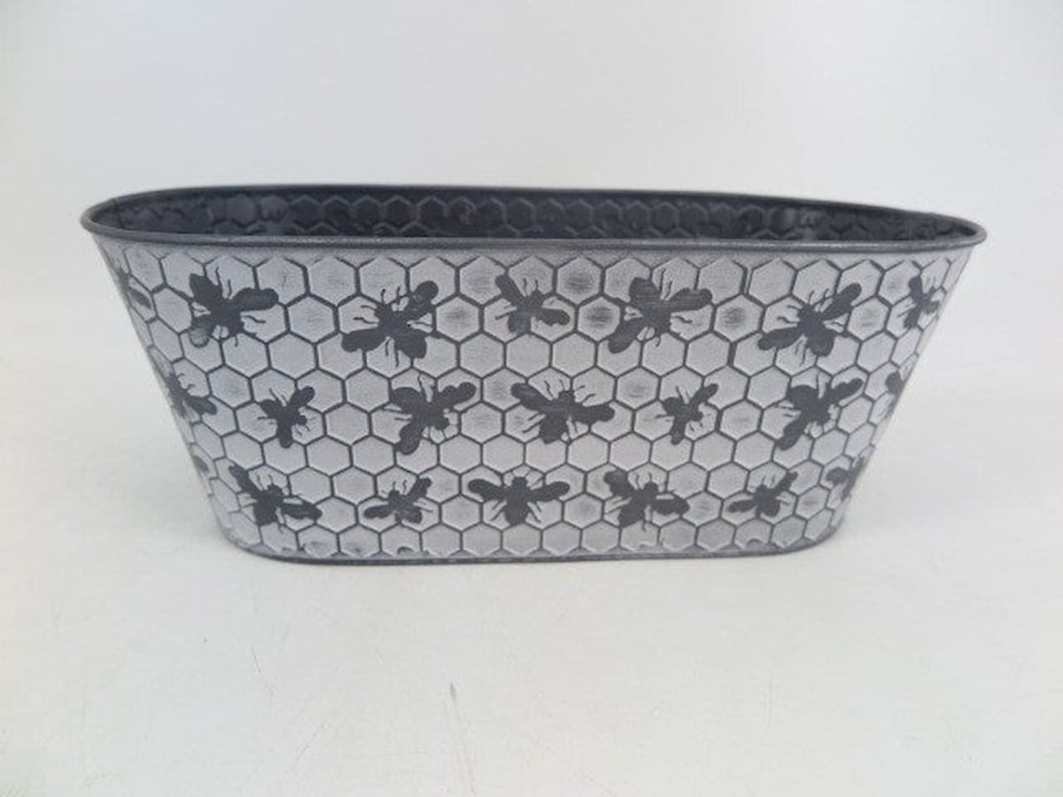 AI-GA3465-232 White Washed Silver with Bees & Honeycomb Pattern Metal Planter