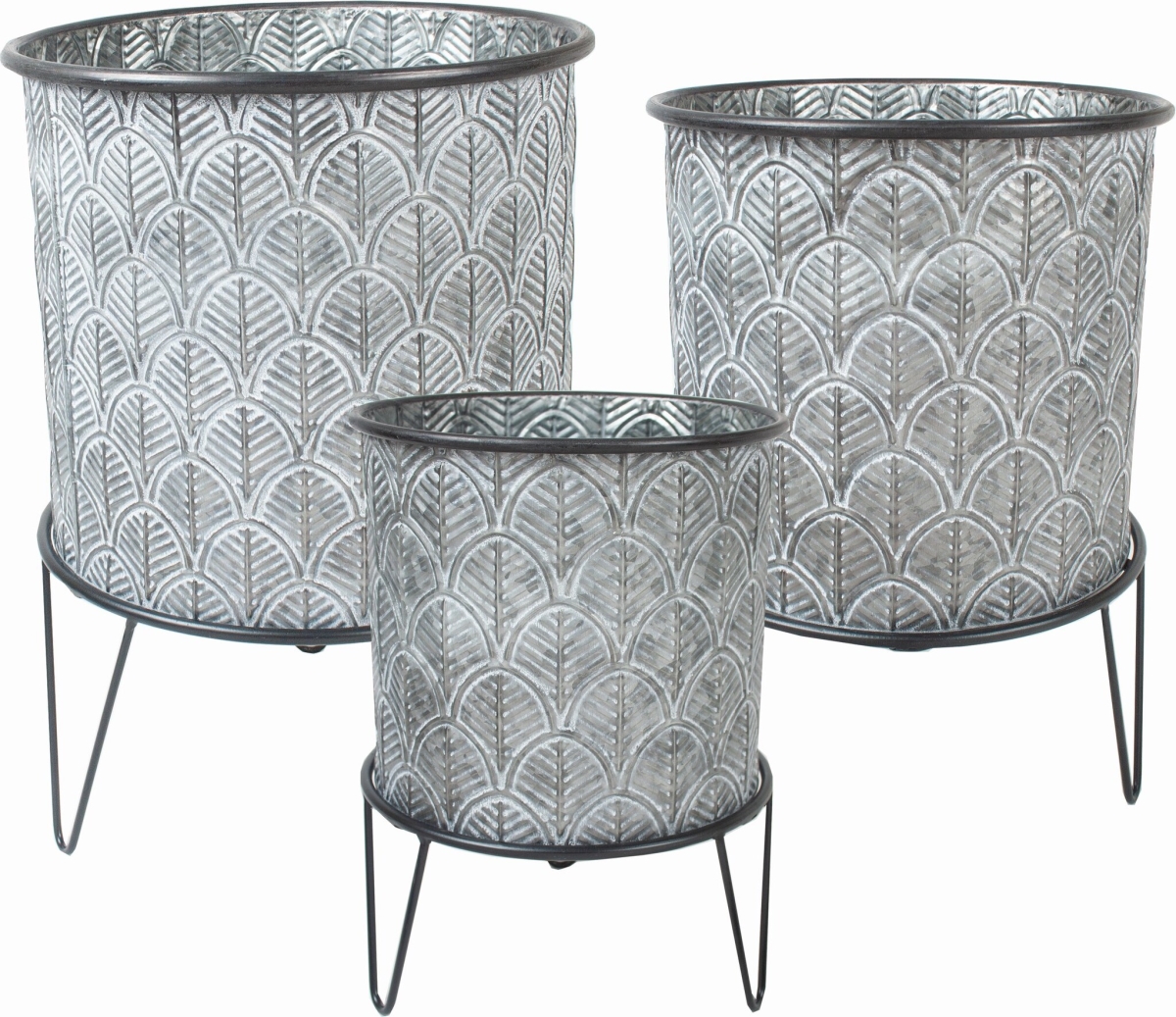 Silver, White Washed Patterned Buckets on Metal Legs Planters, Set of 3
