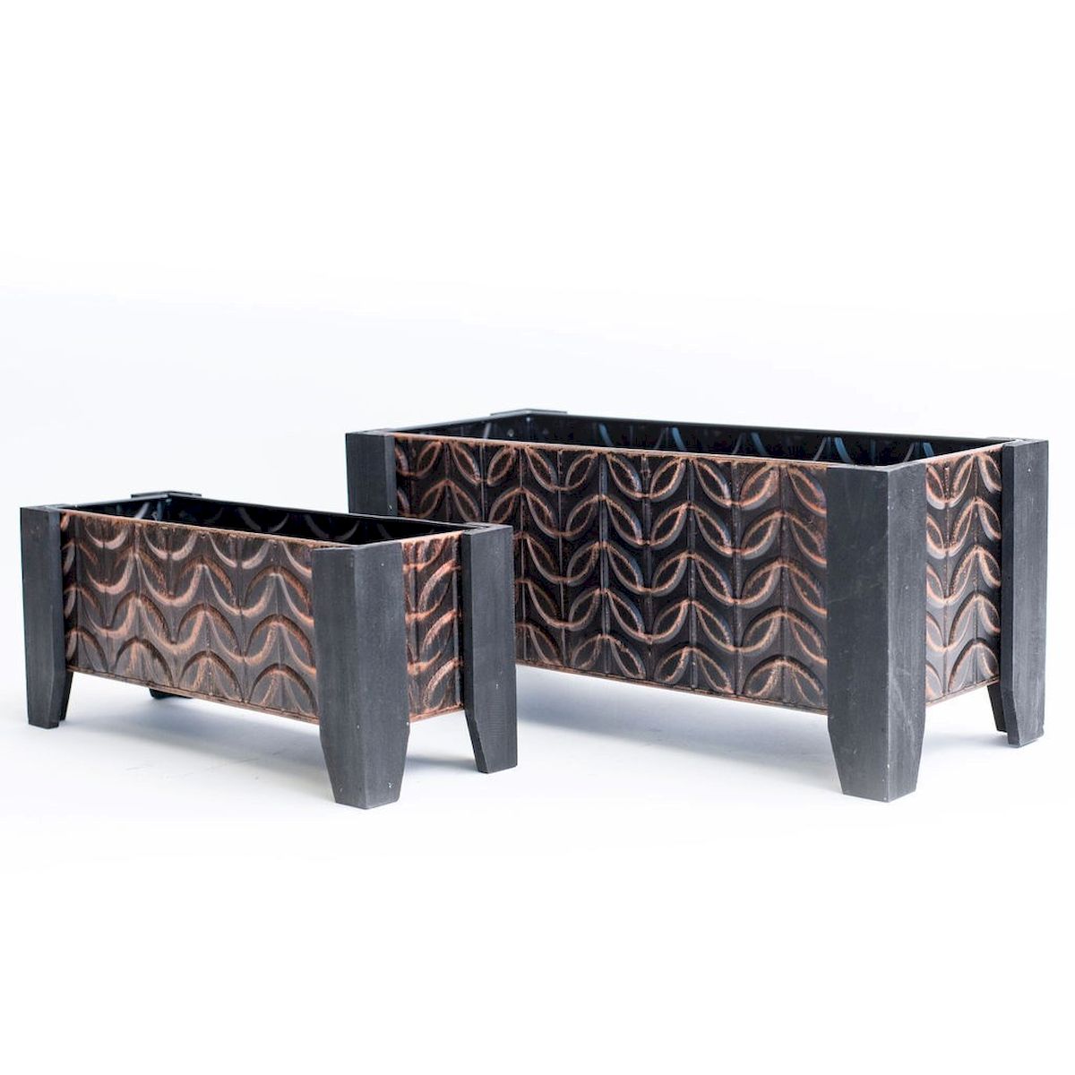 Antique Copper Metal on Legs Rectangular Planters, Set of 2